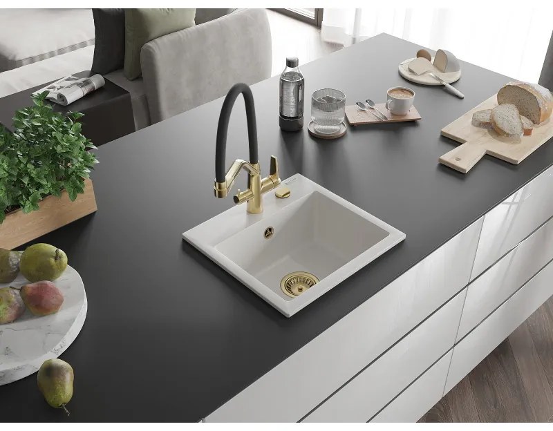 Mexen Milo, granitový drez 435x410x171 mm, 1-komorový a drezová batéria Duo, biela, 6505-20-671701-57-G