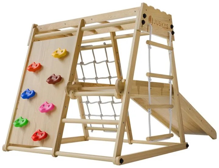 Detské vnútorné drevené ihrisko so šmykľavkou, lezeckou sten