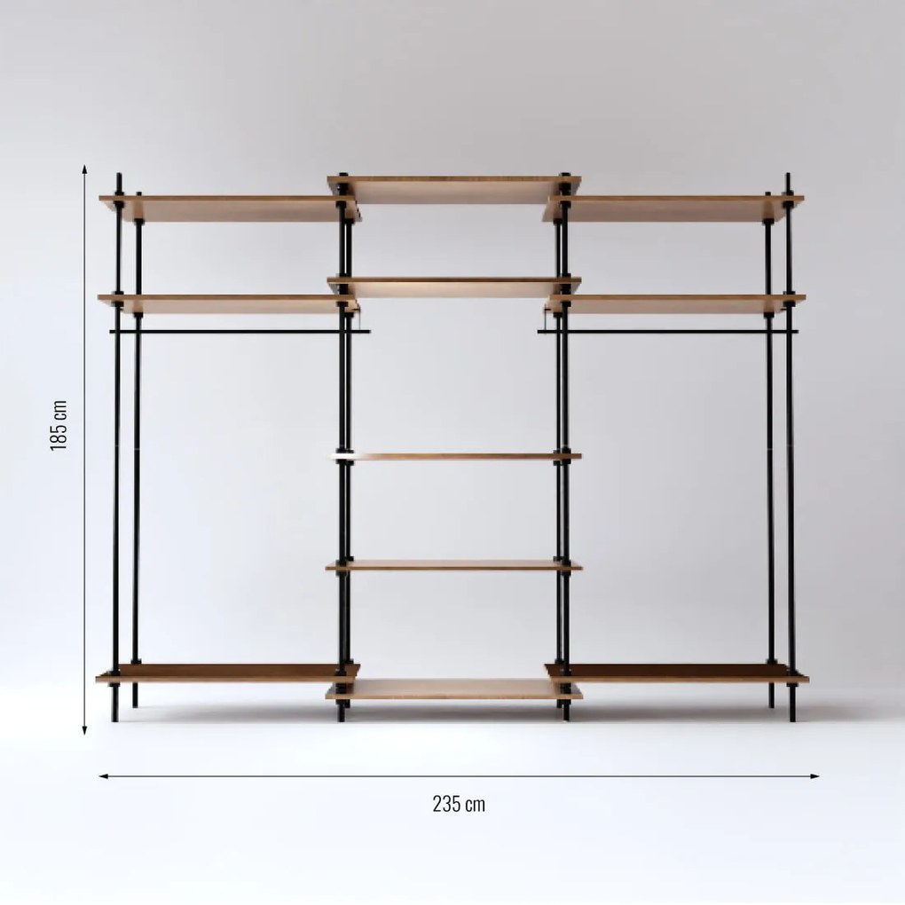 Otvorená šatníková skriňa v industriálnom dizajne DECO s 11 policami, 185x235x35 cm