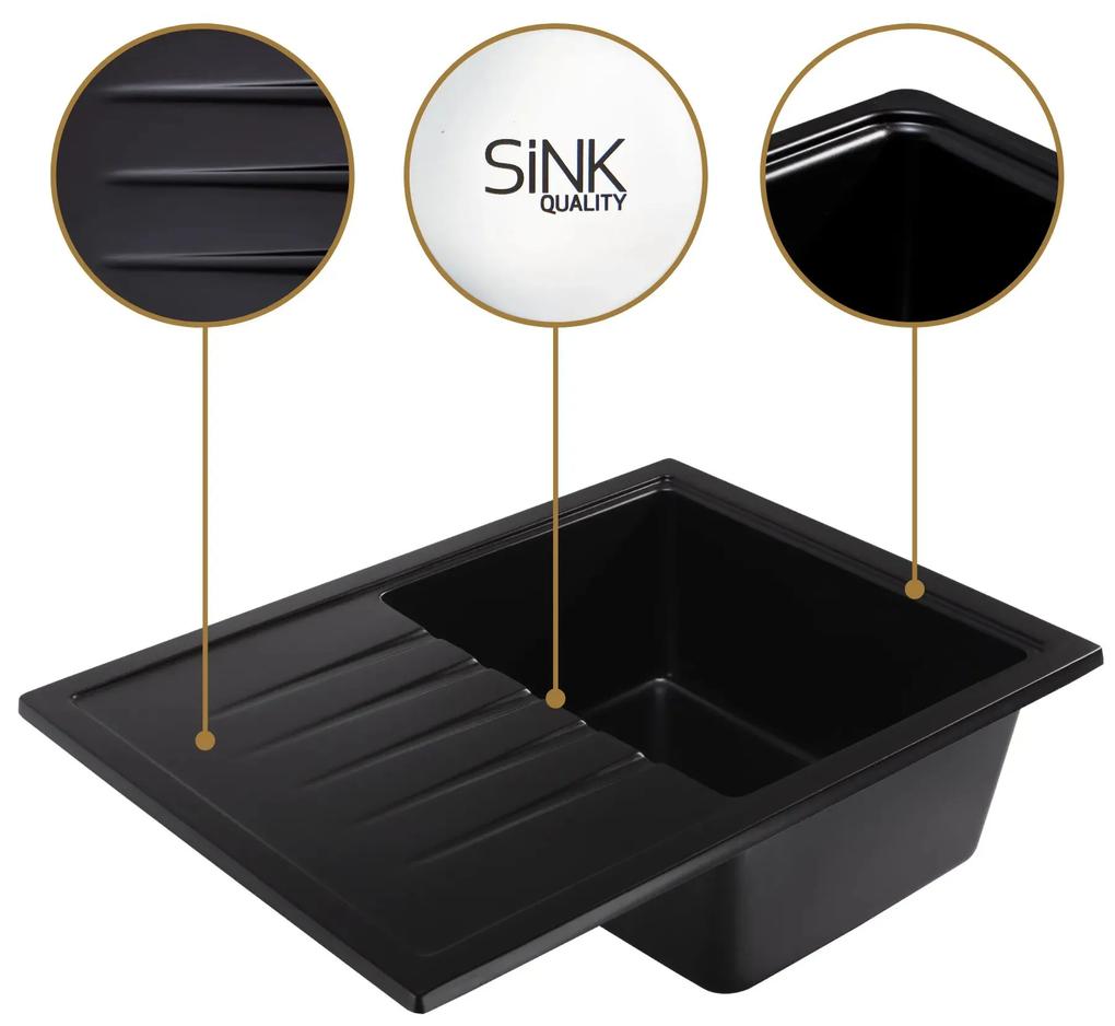 Sink Quality Titanite, kuchynský granitový drez 680x495x215 mm + chrómový sifón, čierna škvrnitá-Brocade, SKQ-TIT.B.1KKO.X