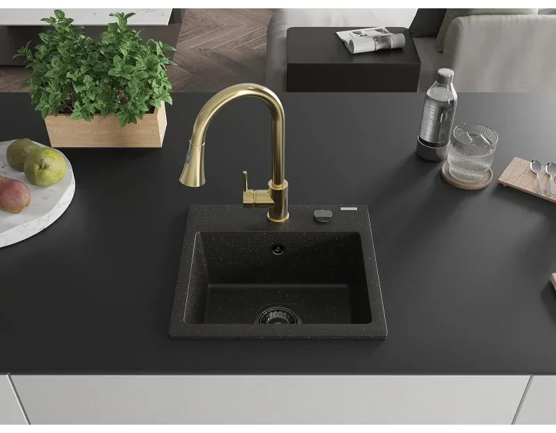 Mexen Milo, 1-komorový granitový drez 435x410x171 mm a drezová batéria Elia, čierna-zlatá metalíza, 6505-75-670101-50-B