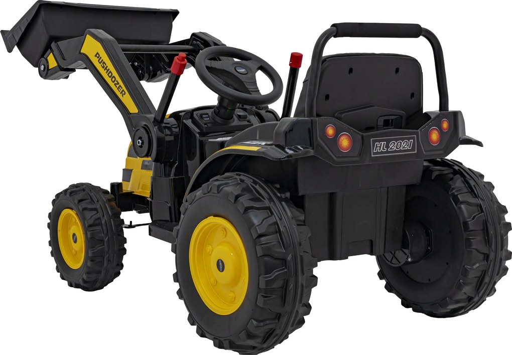 Ramiz Detský traktor na batérie žltý + pohyblivé rameno s lyžicou + diaľkové ovládanie + pomalý štart + FM rádio + LED
