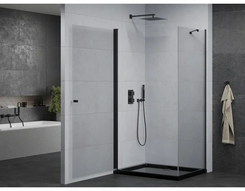 Mexen Pretoria, sprchovací kút 90 (dvere) x 70 (stena) cm, 6mm číre sklo, čierny profil + čierna sprchová vanička, 852-090-070-70-00-4070B