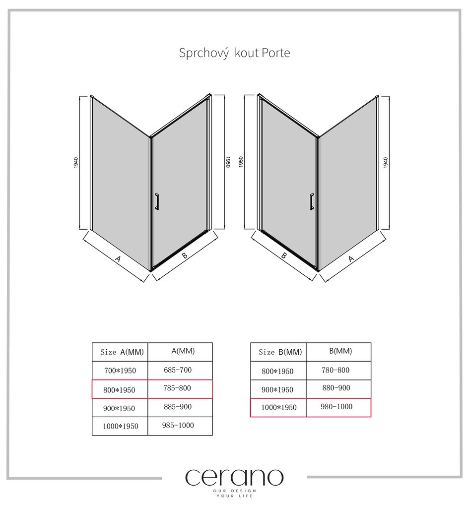 Cerano Porte, 1-krídlový sprchovací kút 100x80 cm, 8mm číre sklo, čierny profil, CER-CER-413588