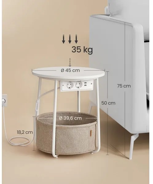 Odkladací stolík NOIRA so vstavanými zásuvkami a USB portami, béžová/biela