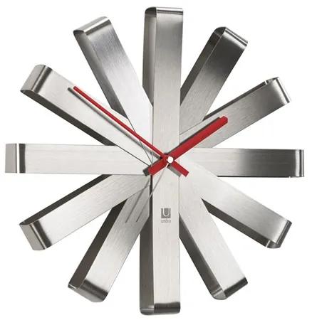 Nástenné hodiny RIBBON 30 cm strieborné, Umbra, Nerezová oceľ, 30,5 priemer x 5,7 cm, strieborná, červená