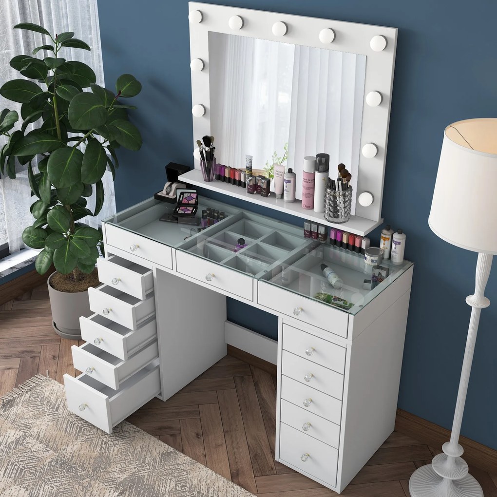 Toaletní stolek Melissa 04 s LED zrcadlem bílý/čirý