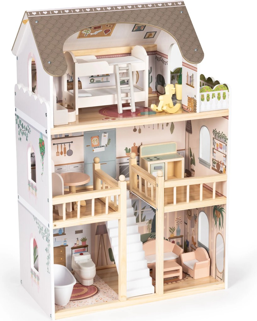 Drevený domček pre bábiky Laura, 3 poschodia, 5 izieb, 15 kusov nábytku, ECOTOYS