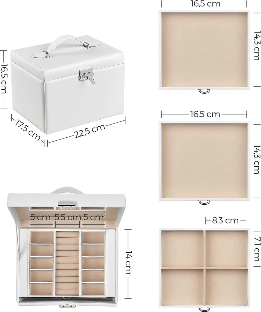 Šperkovnica, organizér na šperky so 4 úrovňami, uzamykateľná, biela