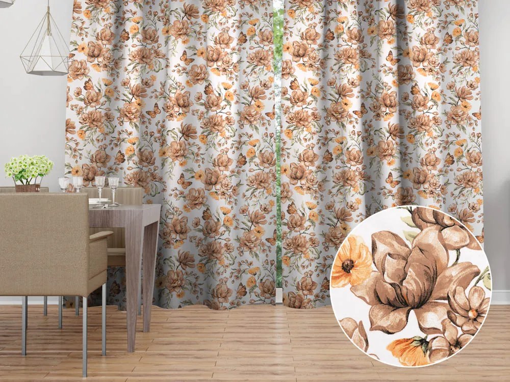 Biante Bavlnený záves Sandra SA-458 Hnedé kvety magnólie s motýlikmi na bielom 150x230 cm