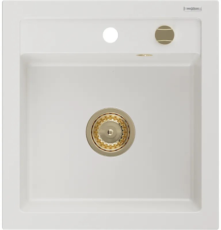 Mexen Vito, granitový drez 520x490x210 mm, 1-komorový, biela so zlatým sifónom, 6503521000-20-G