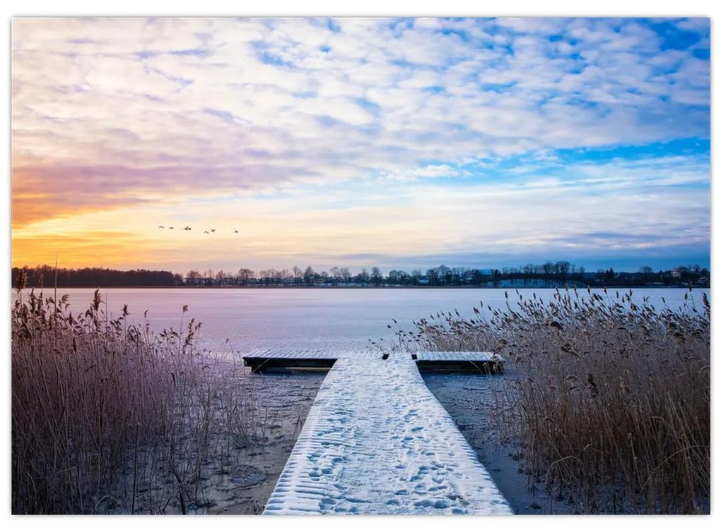 Sklenený obraz - Zamrznuté jazero, Ełk, Mazury, Poľsko (70x50 cm)