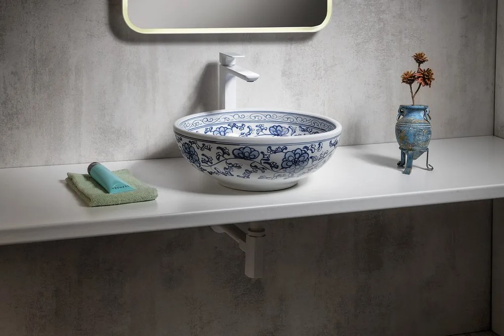 Sapho, PRIORI keramické umývadlo, priemer 41 cm, 15 cm, farba biela s modrou maľbou, PI027