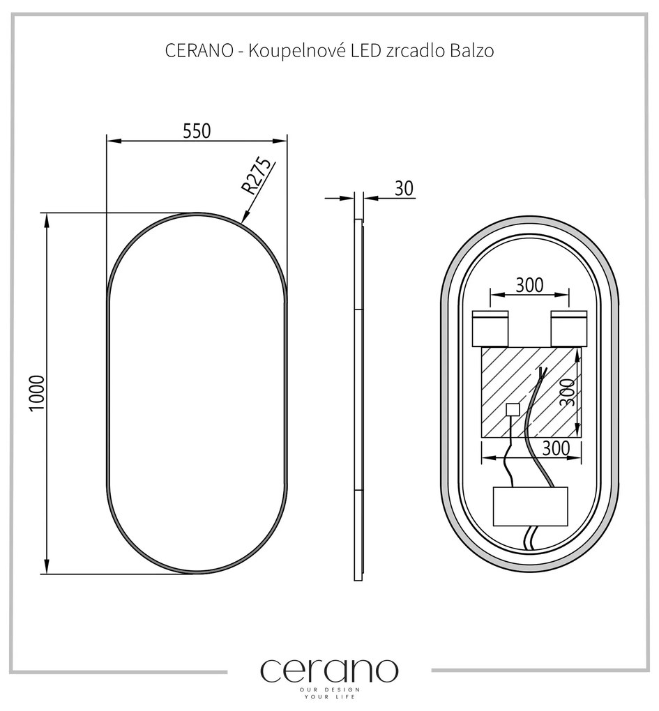 Cerano Balzo, LED kúpeľňové 55x100 cm, kovový rám, čierna matná, CER-CER-NT8144H-55X100