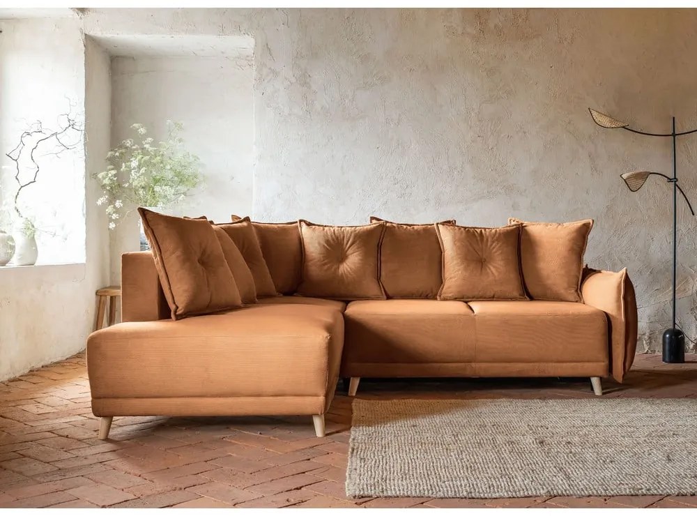 Menčestrová rozkladacia rohová pohovka v tehlovej farbe (ľavý roh) Lazy Lukka – Miuform