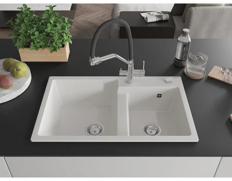 Mexen Tomas, 2-komorový granitový drez 800x500x190 mm a kuchynská batéria Duo, biela, 6516-20-671701-07