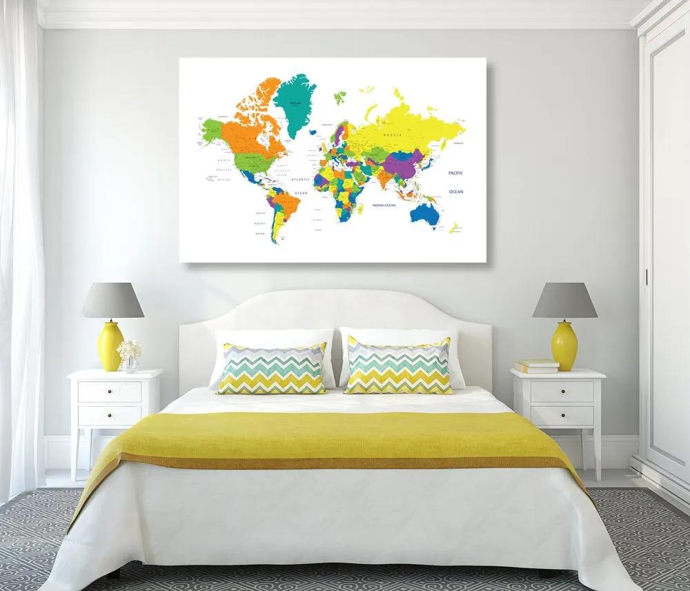 Obraz na korku farebná mapa sveta na bielom pozadí