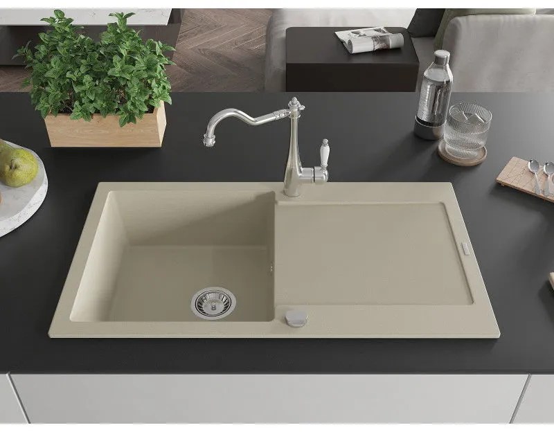 Mexen Leo, granitový drez 900x500x190 mm, 1-komorový a drezová batéria Carla, béžová, 6501-69-670700-00