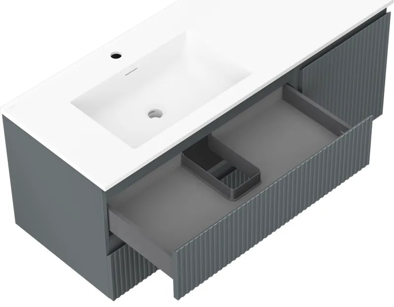 Mexen Rivel, kúpeľňová skrinka 120 cm s ľavým umývadlom Otis, 2S, 1D, drážkovaná, grafitová/biela matná, 91A23-12047-3-BBFFF66-W18L01