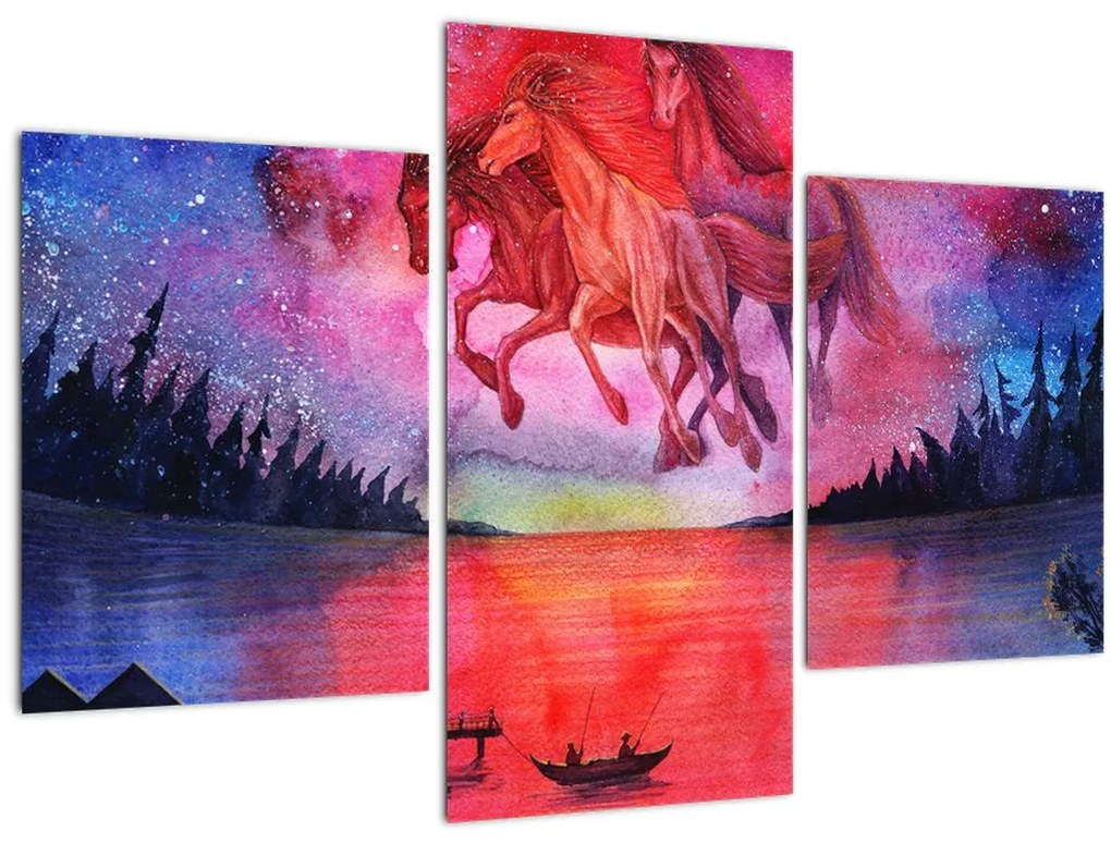 Obraz - Zjavenie vesmírnych koní nad jazerom, aquarel (90x60 cm)