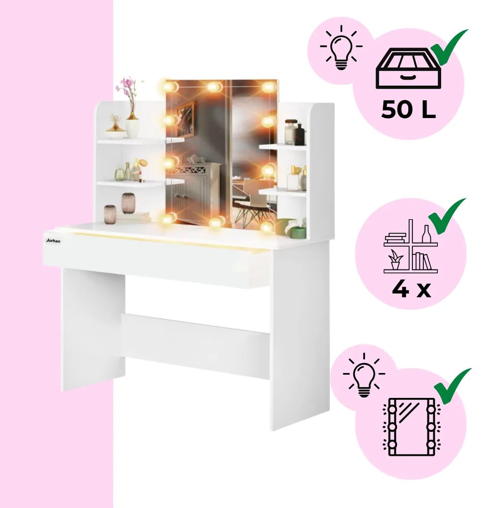 Toaletný stolík LUCIA s osvetlením 108x40x140cm, biela Jurhan