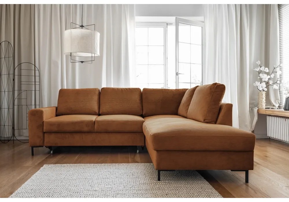 Oranžovohnedá menčestrová rozkladacia rohová pohovka (pravý roh) Lofty Lilly – Miuform