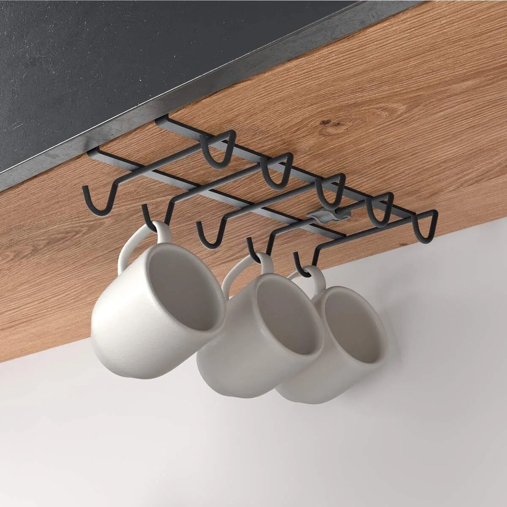 METALTEX Držiak na hrnčeky s 10 háčikmi, závesný pod policu, bez montáže, MYMUG LAVA, čierny