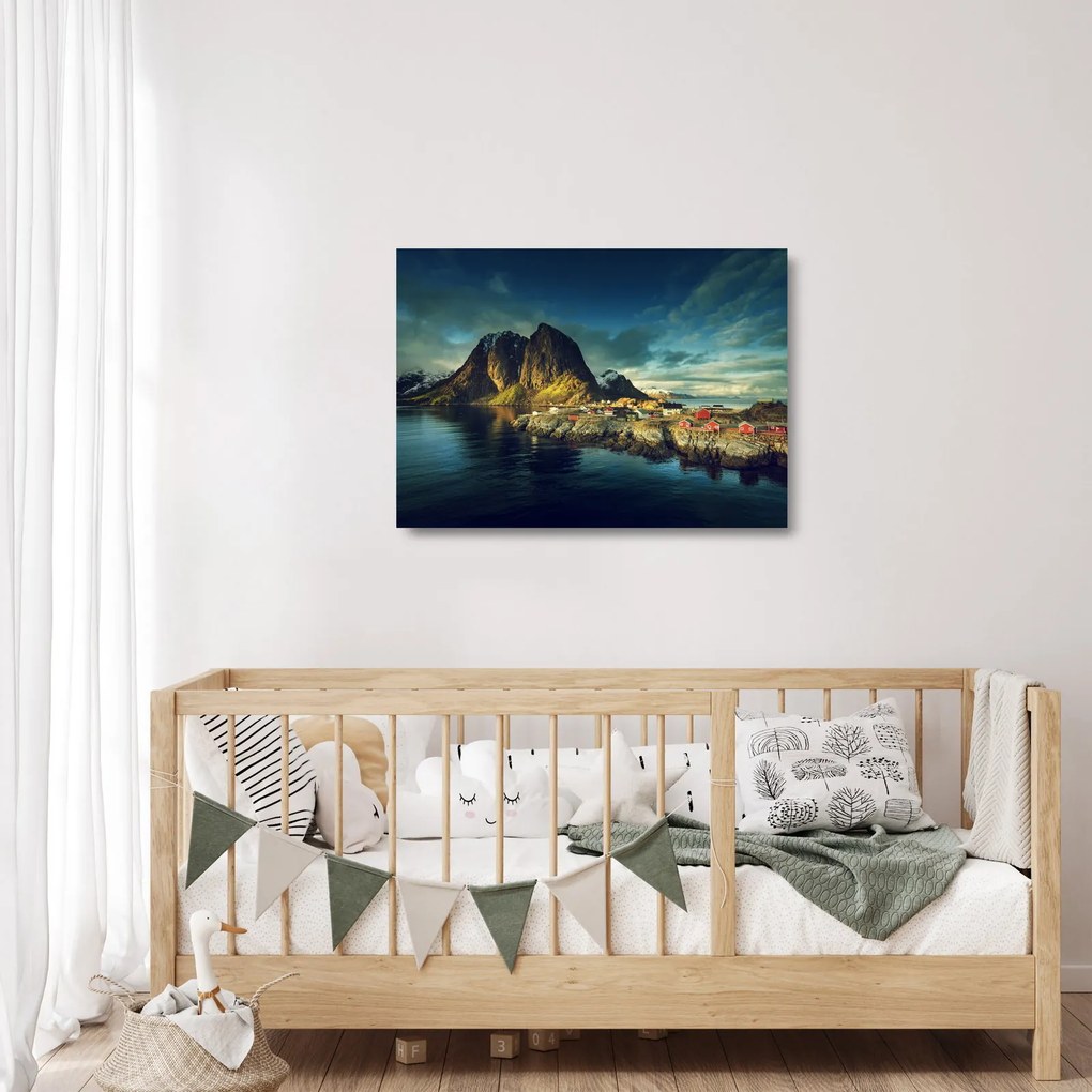 Sklenený obraz rybárskej dediny v Nórsku (70x50 cm)