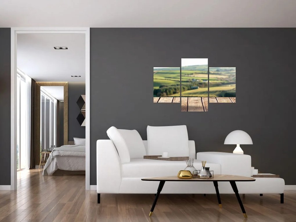 Obraz - Drevená polica s krajinou (90x60 cm)