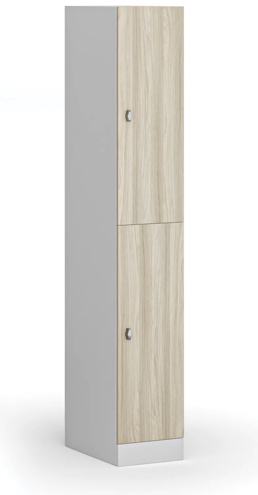 Šatníková skrinka S1 s úložnými boxmi, 2 boxy, 1850 x 300 x 500 mm, otočný zámok, laminované dvere, dub prírodný