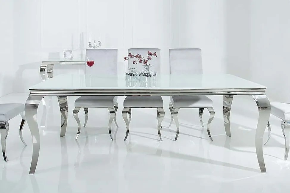 Sklenený jedálenský stôl Barock White biela strieborná 200cm