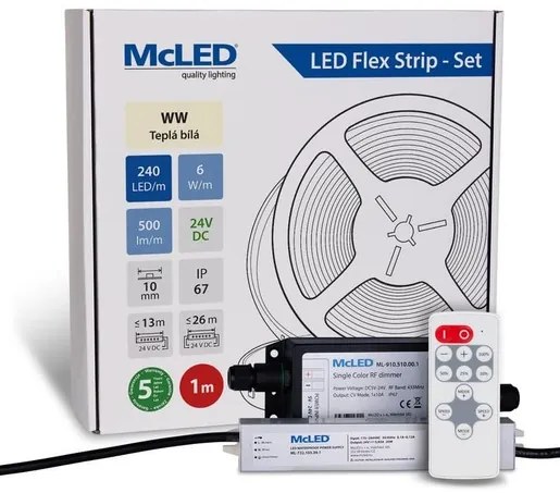 McLED  LED páska - sada 1 m + Prijímač Nano IP67, 240 LED/m, WW, 6 W/m, DC 24V, 500 lm/m, CRI90, IP67, 10 mm, vodič 3 m ML-126.034.90.S01002