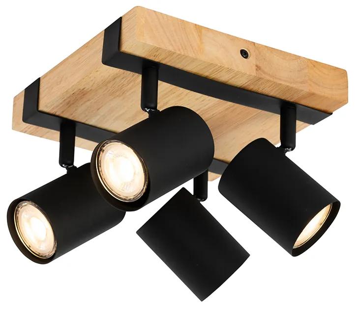 Stropné svietidlo čierne s drevom 4-svetlo nastaviteľné obdĺžnikové - Jeana