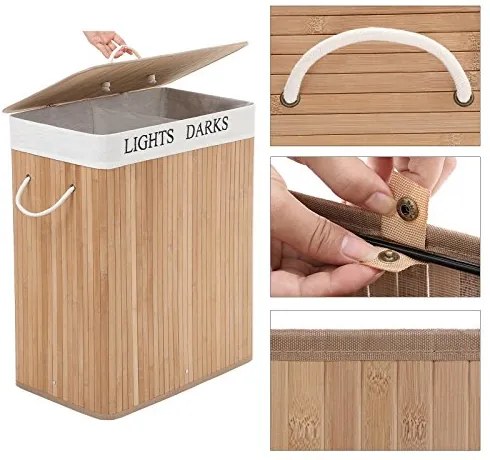 Bambusový kôš na prádlo, 2 oddelené priehradky, 62,5x52x32cm