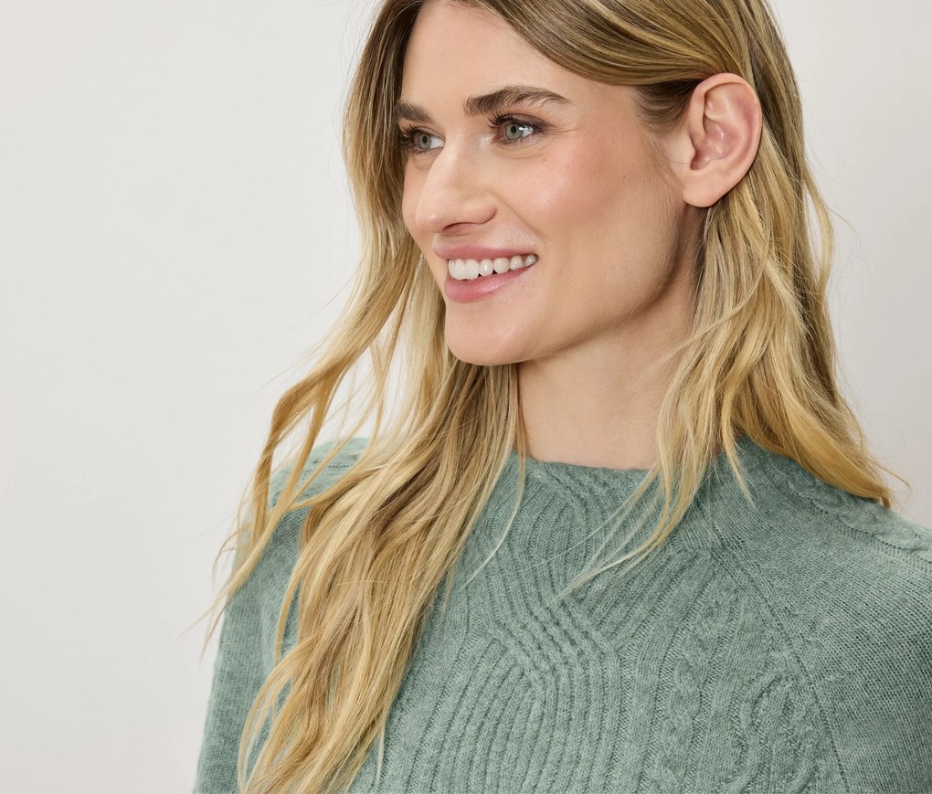 Pulóver z hrubého úpletu s vrkočovým vzorom, šalviový