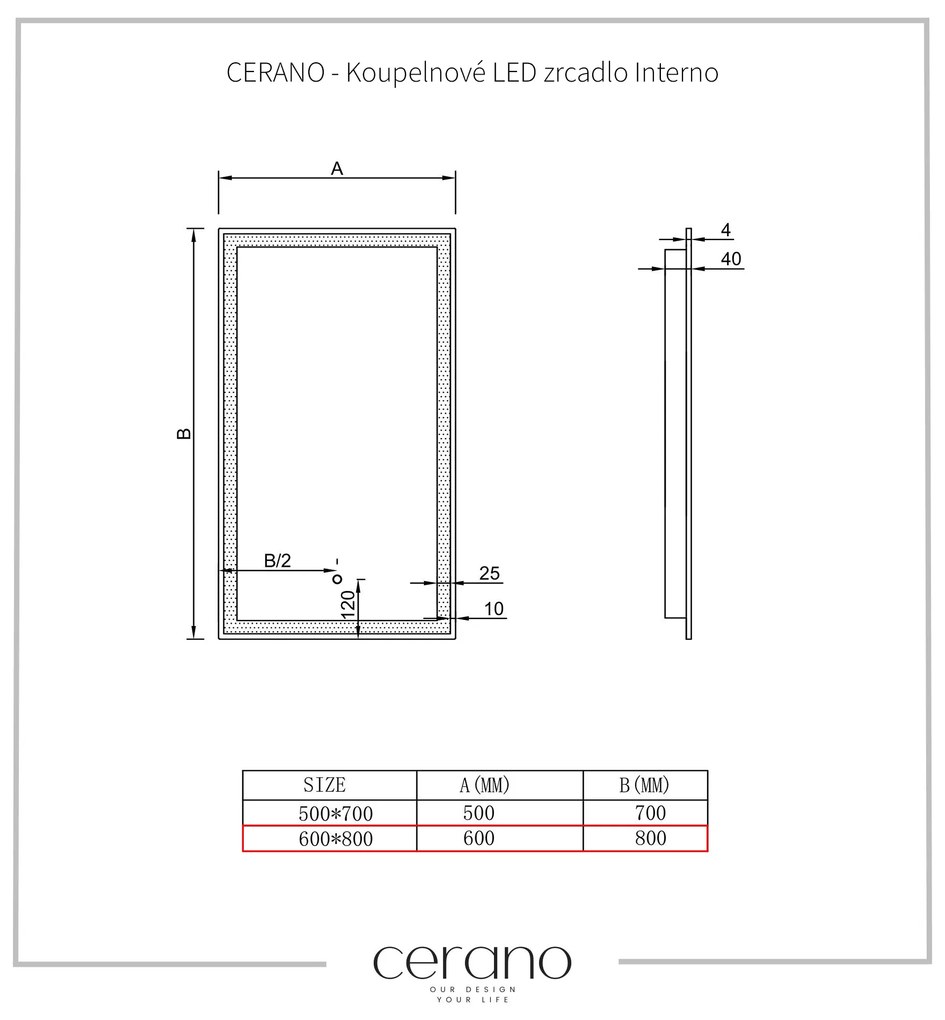 Cerano Interno, kúpeľňové LED zrkadlo 60x80 cm, CER-CER-429361