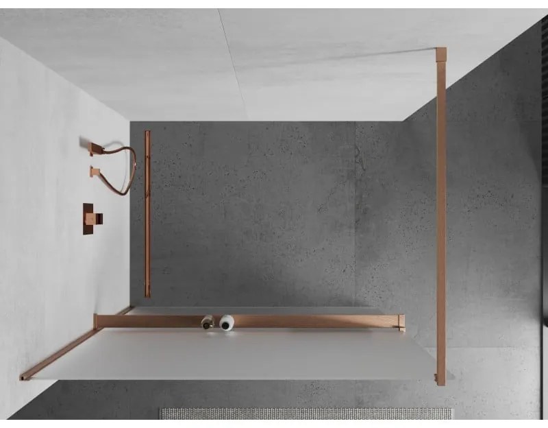 Mexen Kioto+, sprchová zástena Walk-In s poličkou a vešiakom 100 x 200 cm, 8mm sklo námraza, medený matný profil, 800-100-121-65-30