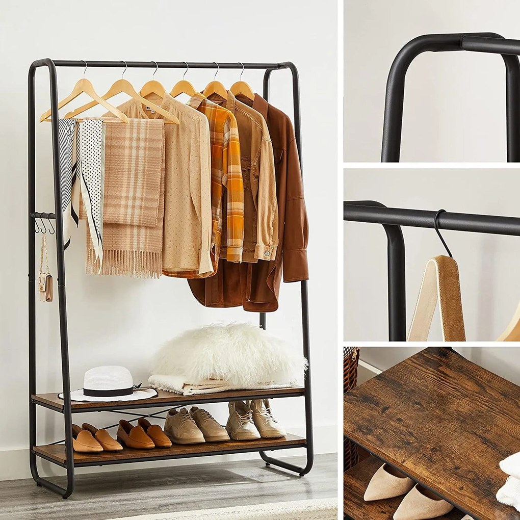 Policový stojan na šaty so 6 háčikmi, rustikálny hnedý