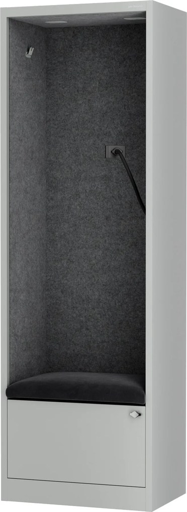 Kancelárska akustická kabína so sedadlom a portom USB-C, telo v sivý / sedák tmavosivá v zelenej farbe, 600 mm: SALLY MentalBox