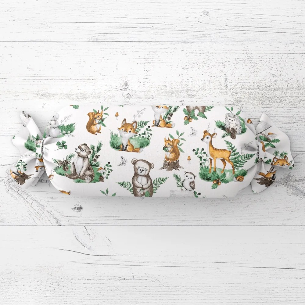 Biante Detský vankúš valec bonbon Sandra SA-459 Lesné zvieratká na bielom 15x80 cm