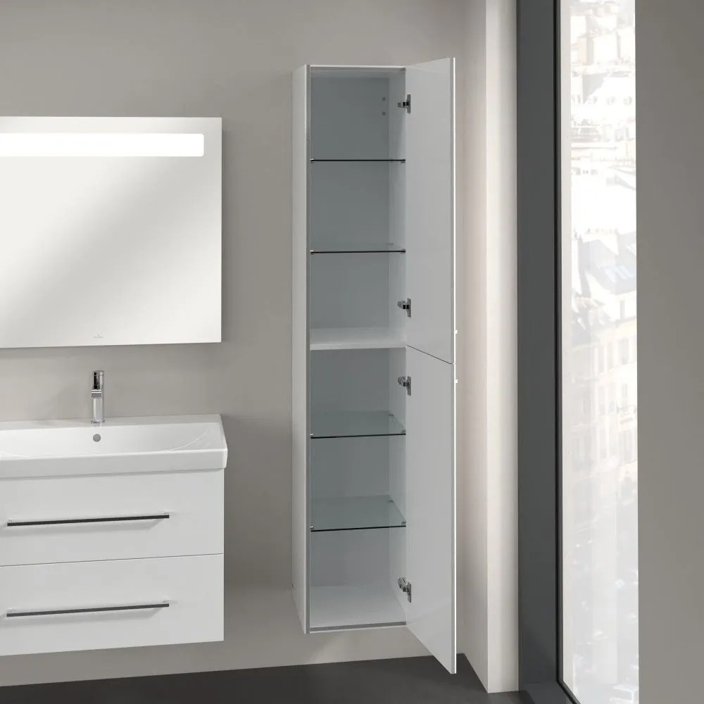 VILLEROY &amp; BOCH Avento závesná vysoká skrinka, 2 dvierka, pánty vpravo, 350 x 372 x 1760 mm, Crystal White, A89401B4