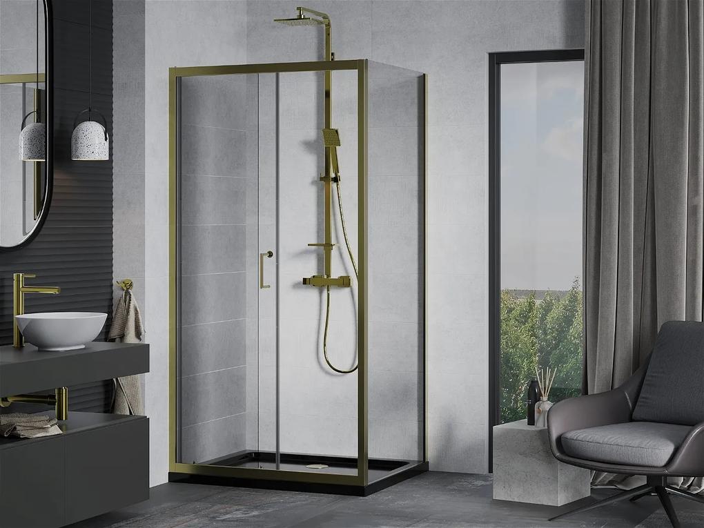 Mexen Apia sprchovací kút s posuvnými dverami 90 (dvere) x 100 (stena) cm, 5mm číre sklo, zlatý profil + čierna sprchová vanička SLIM, 840-090-100-50-00-4070G