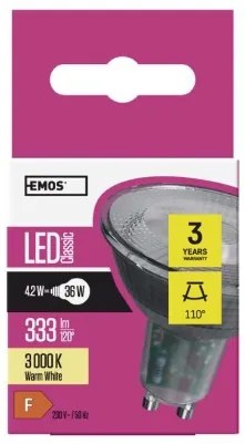 EMOS LED žiarovka, GU10, MR16, 4,2 W, 400 lm, teplá biela