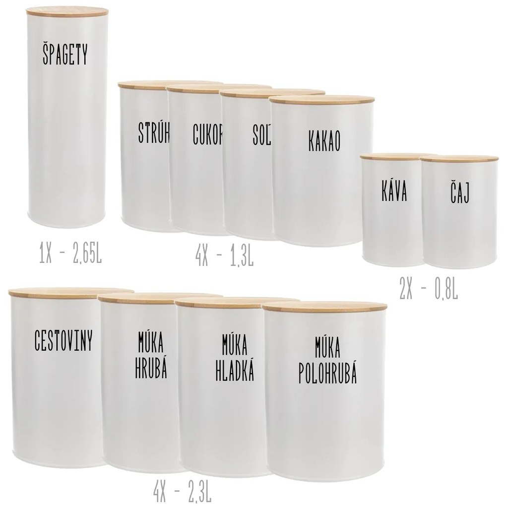 Orion Súprava 11 ks plechových dóz na potraviny, biele, s bambusovým vekom SADA