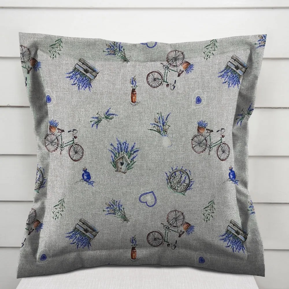 Biante Dekoračná obliečka na vankúš s lemom PML-097 Levandule a bicykle na sivom režnom 50 x 60 cm