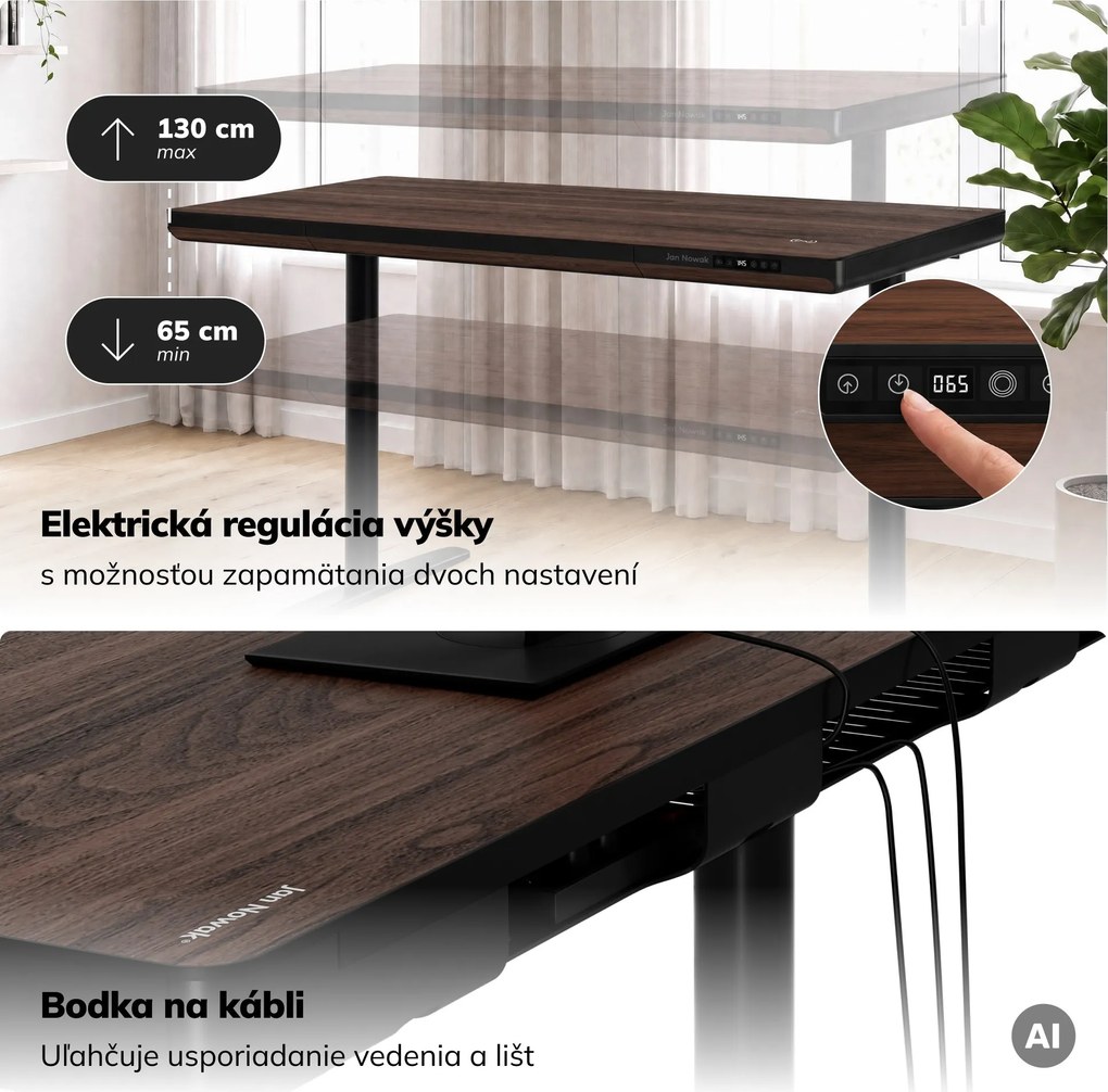 Elektrický písací stôl sit-stand so zásuvkou a bezdrôtovou nabíjačkou Qi čierny/orech, 1400 mm: ELLIS