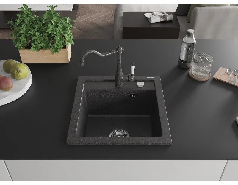 Mexen Vito, granitový drez 490x520x210 mm, 1-komorový a drezová batéria Carla, čierna škvrnitá, 6503-76-670700-76