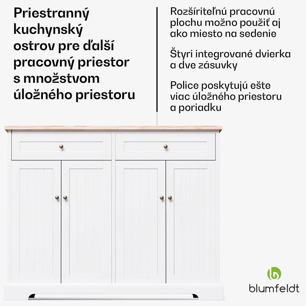 Blumfeldt Etsu, kuchynský ostrov, rozťahovacia pracovná doska, 2 zásuvky, 4 dvierka, možno použiť ako jedálenský stôl, úložný priestor, ľahko sa čistí