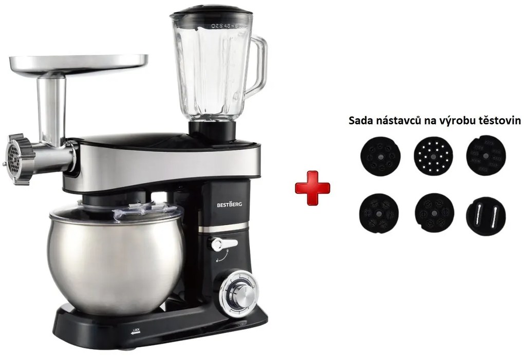 BestBerg BBR-2000BK multifunkčný kuchynský robot / 2000 W / 6 l / 6 rýchlostí / čierny