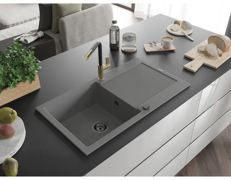 Mexen Leo, 1-komorový granitový drez 900x500x190 mm a drezová batéria Flora, šedá, 6501-71-670401-57-B